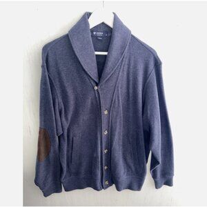 CREMIEUX Blue Ribbed Shawl Collar Button Up Cardigan Elbow Patch Pockets Size L